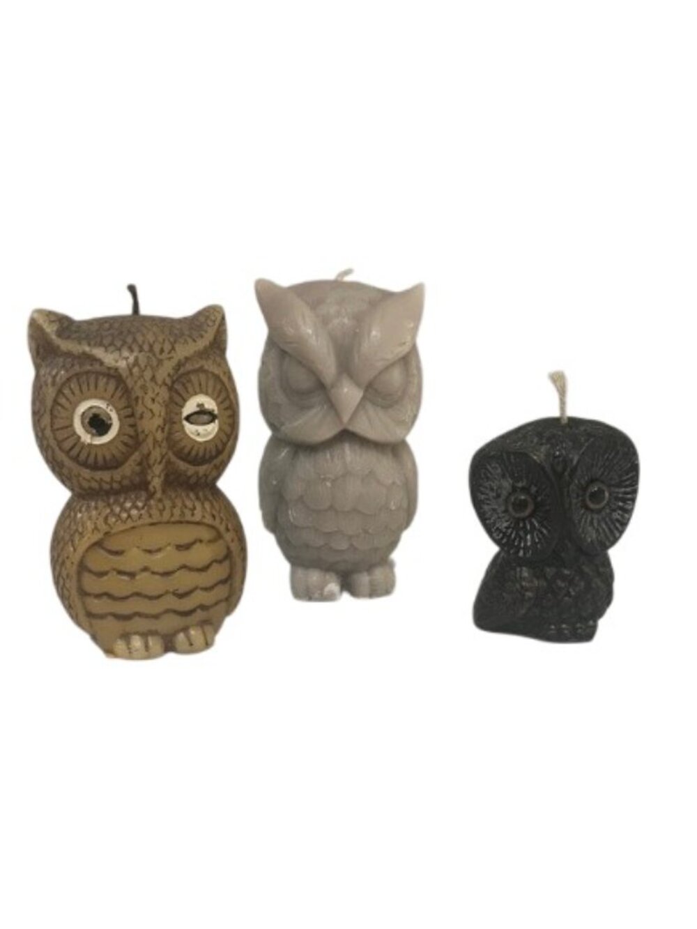 Vintage Owl Shaped Candle Set Brown Cream Black Boho Fairycore Cottagecore